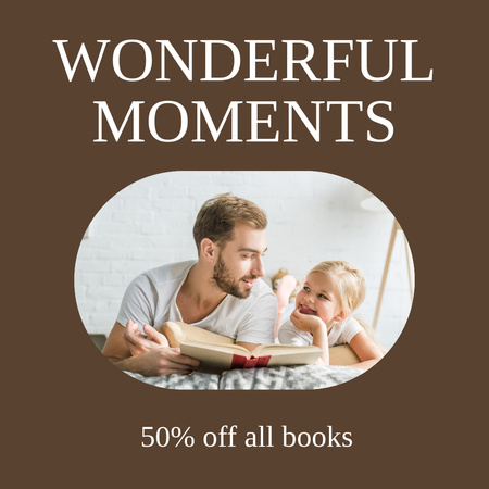 Plantilla de diseño de anuncio de venta de libros con papá e hija Instagram 