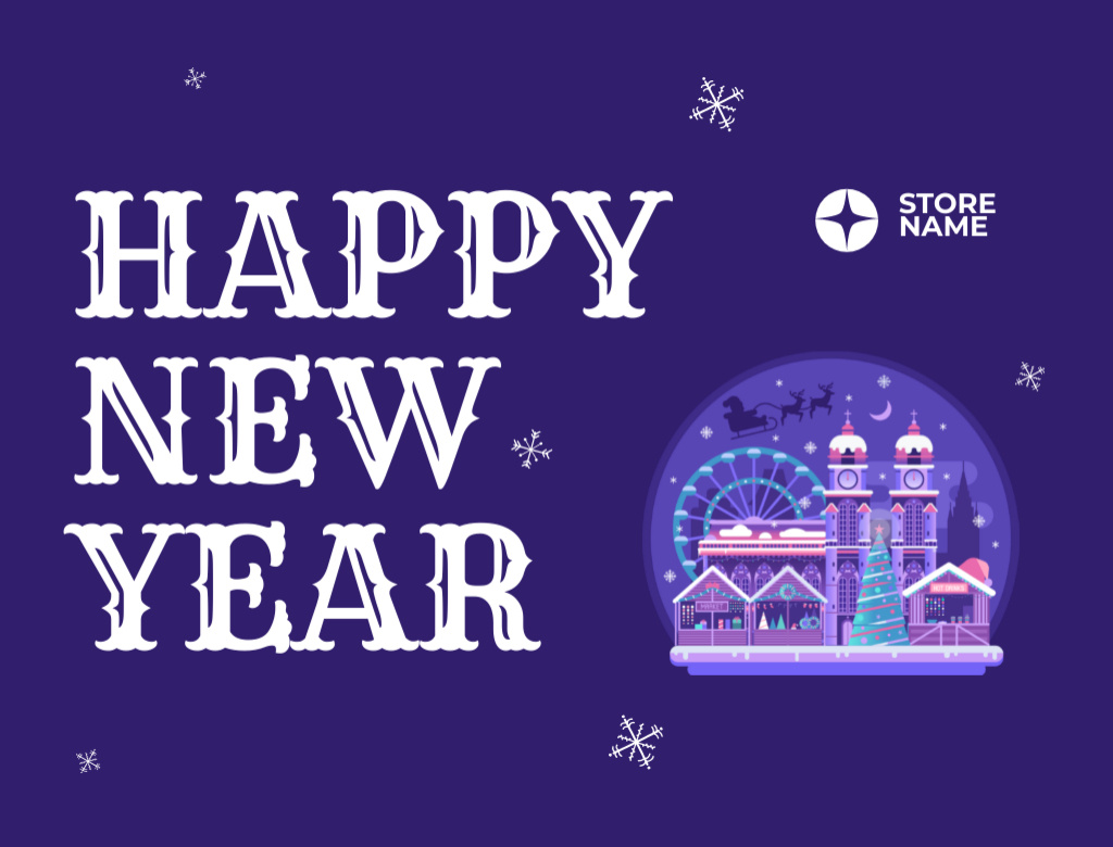 New Year Holiday Greeting with Festive Town on Purple Postcard 4.2x5.5in Modelo de Design