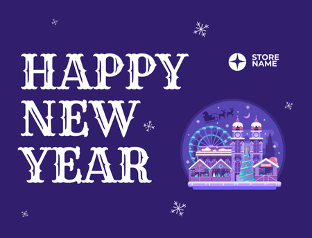 Saudação de feriado de ano novo com cidade festiva Postcard 4.2x5.5in Modelo de Design