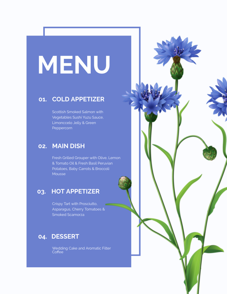 Wedding Appetizers List with Blue Cornflower Menu 8.5x11in Modelo de Design