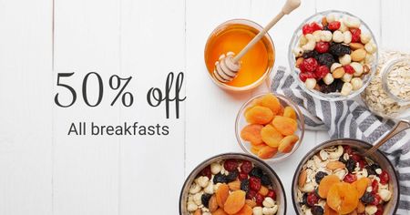 oferta de café da manhã mel e frutas secas granola Facebook AD Modelo de Design