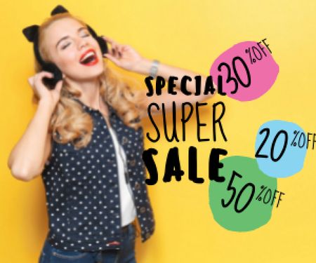 special super sale yellow banner with young woman in headphones Medium Rectangle Modelo de Design