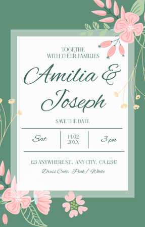 Floral Wedding Event Announcement on Green Invitation 4.6x7.2in Design Template