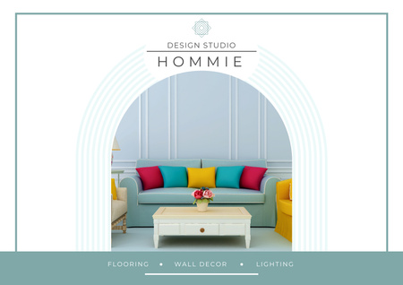 Anúncio do estúdio de design com sofá azul e almofadas coloridas brilhantes Poster A2 Horizontal Modelo de Design