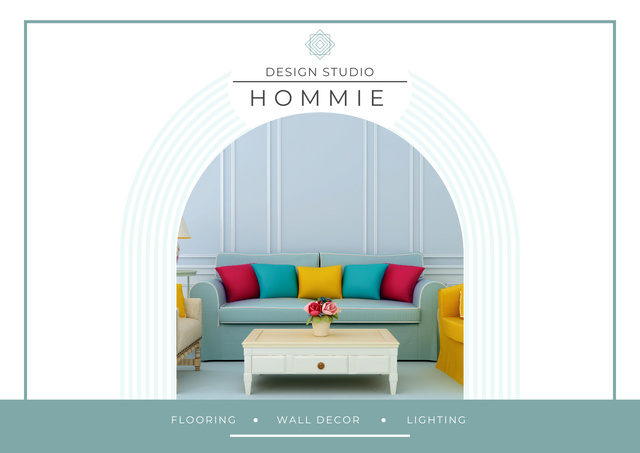Design Studio Ad with Blue Sofa and Bright Colorful Pillows Poster A2 Horizontalデザインテンプレート