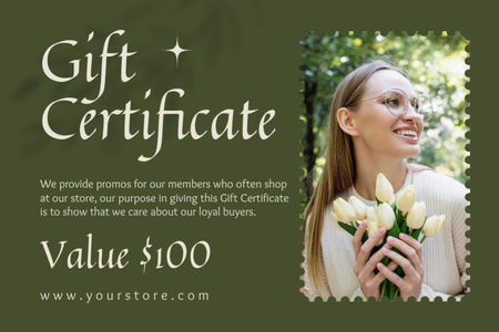 Platilla de diseño Gift Voucher with Beautiful Woman with Tulips Gift Certificate