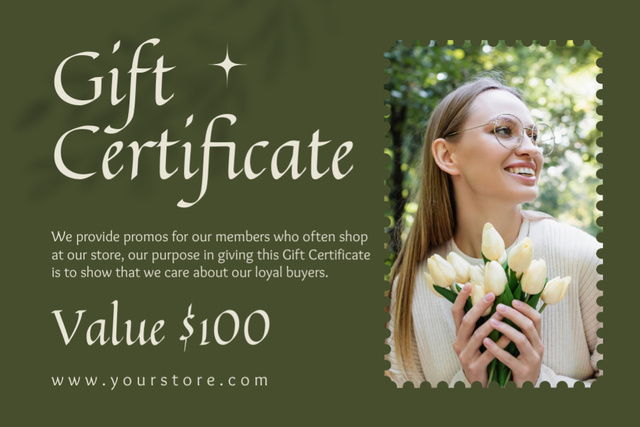 Gift Voucher with Beautiful Woman with Tulips Gift Certificate Modelo de Design