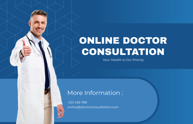 Template di design Offer of Online Medical Consultation on Blue Thank You Card 5.5x8.5in