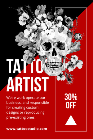 Designvorlage Creative Tattoo Artist With Discount And Skull für Pinterest
