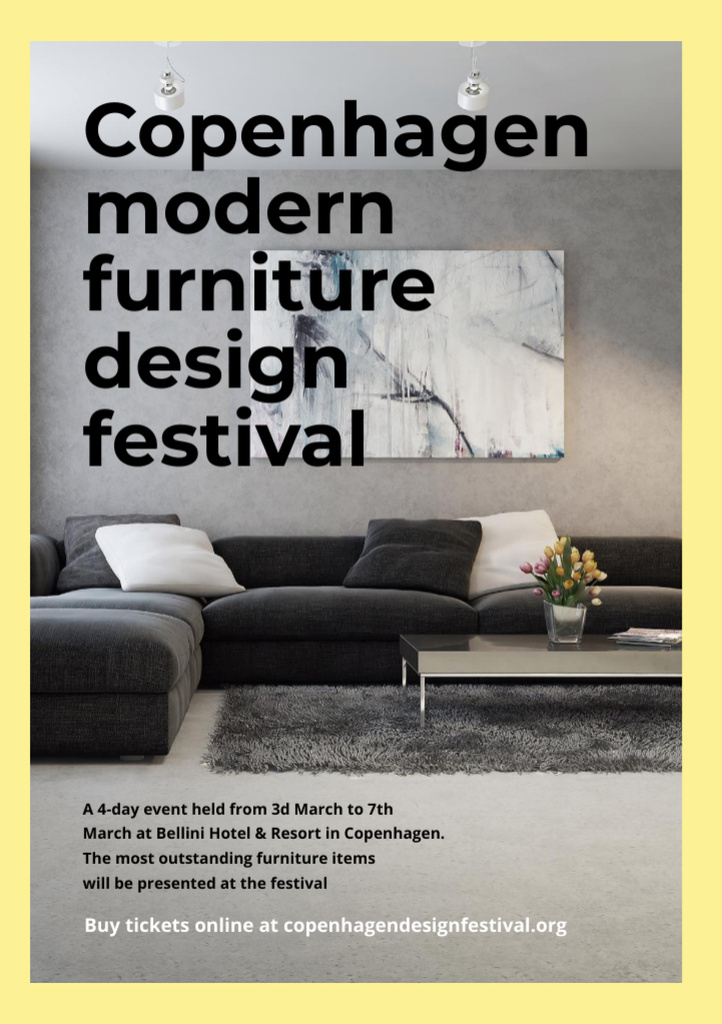 Interior Decoration Event Announcement with Sofa in Grey Flyer A5 Design Template