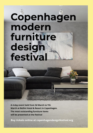 Designvorlage Ankündigung des Innendekorationsereignisses mit Sofa in Grau für Flyer A5