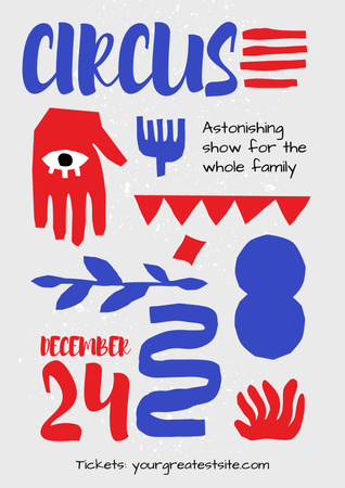 Designvorlage Ankündigung einer Zirkusshow mit roter Hand und rotem Auge für Poster