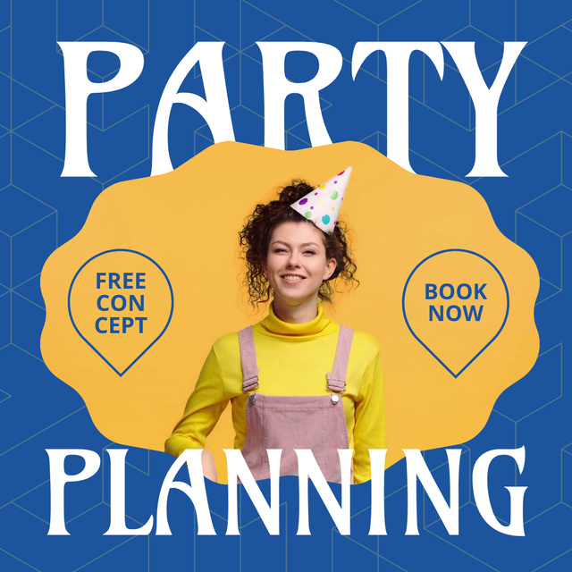 Party Planning with Woman wearing Festive Cone Animated Post Πρότυπο σχεδίασης