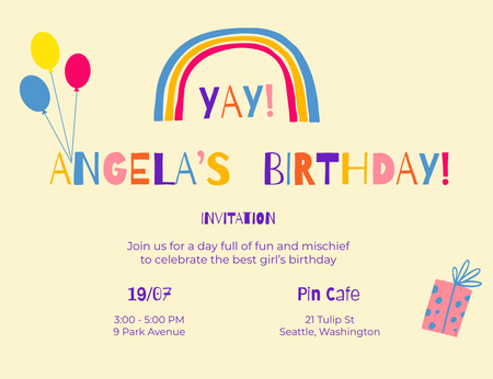 Birthday Party With Bright Rainbow Invitation 13.9x10.7cm Horizontal Design Template