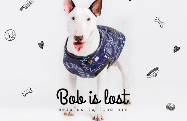Lost Dog Announcement with Cute Bull Terrier Flyer 5.5x8.5in Horizontal Design Template
