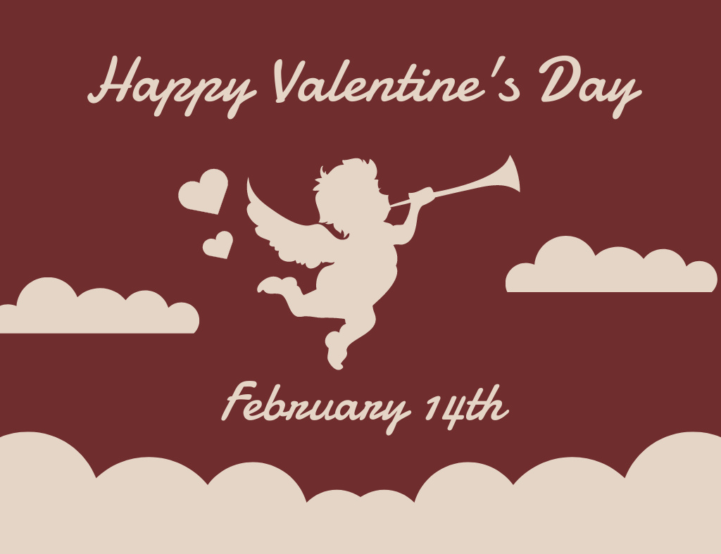 Happy Valentine's Day Greeting with Cute Cupid Thank You Card 5.5x4in Horizontal Tasarım Şablonu