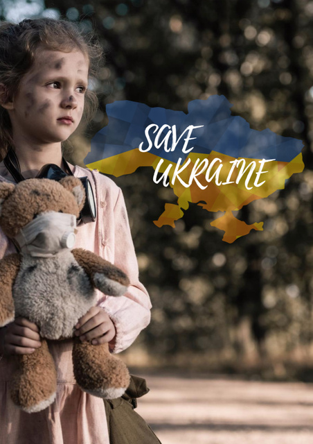 Save Ukraine with Little Girl and Teddy Bear Poster A3 Design Template