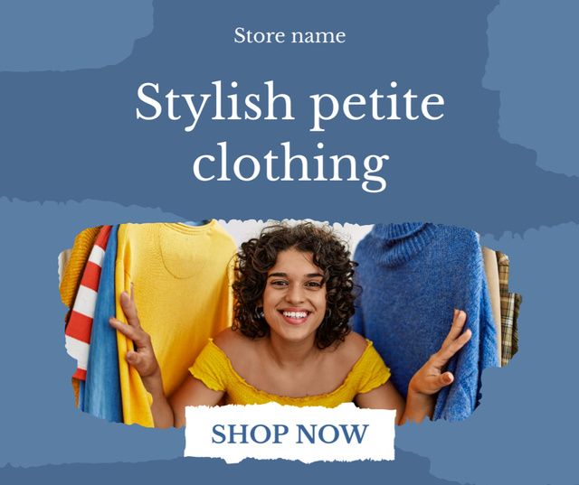 Ad of Stylish Petite Clothing with Cute Woman Facebook tervezősablon