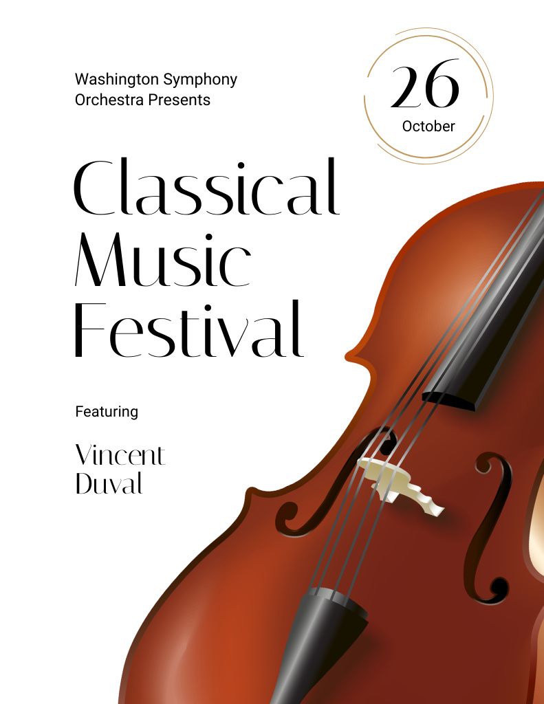 Exciting Music Festival Announcement with Classical Violin Flyer 8.5x11inデザインテンプレート