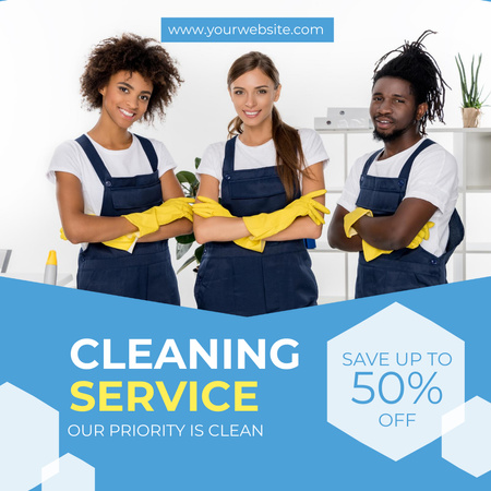 Smiling Cleaning Service Workers Instagram AD Design Template