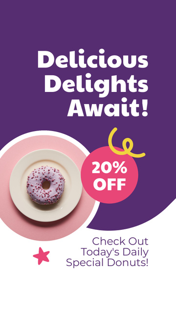 Designvorlage Discount Ad on Delicious Doughnut Delights für Instagram Story