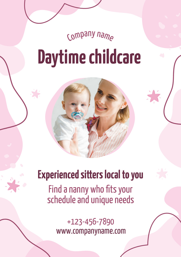 Energetic Babysitting Services Offer In Pink Poster Šablona návrhu