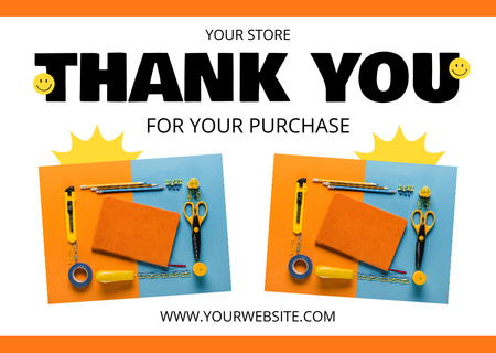Designvorlage Helle Werbung für Schreibwarengeschäft mit orangefarbenem Notizbuch für Card