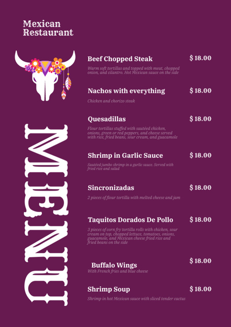 Mexican Restaurant Services Offer in Purple Menu Design Template