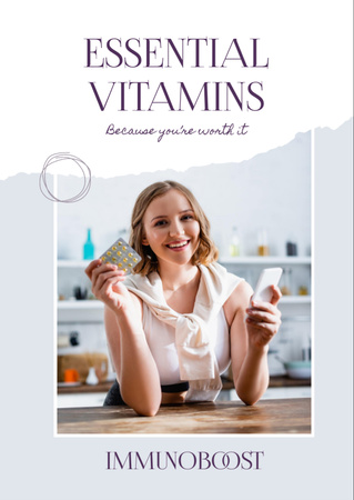 Essential Vitamins Offer with Woman Holding Pack of Pills Flyer A6 Tasarım Şablonu
