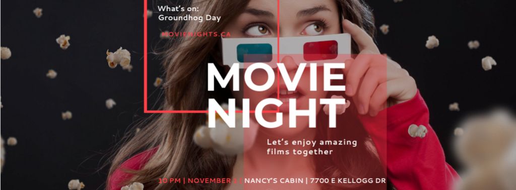 Movie Night Event with Woman in Glasses Facebook cover – шаблон для дизайну