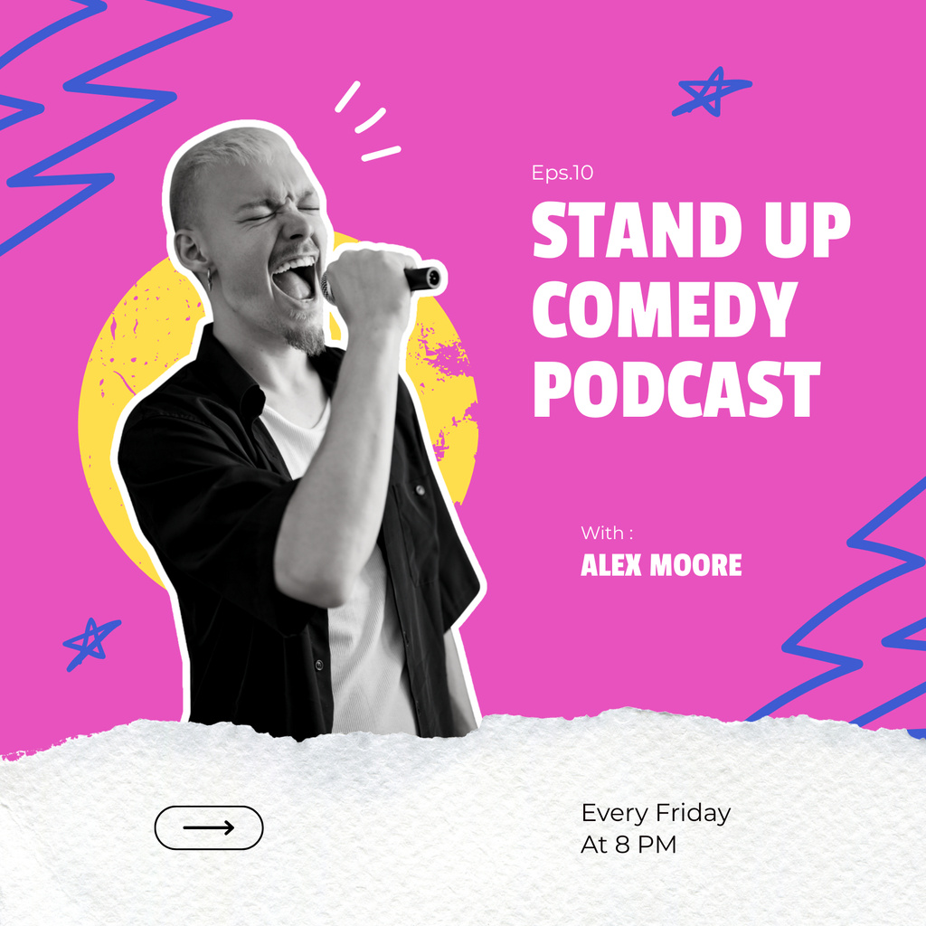 Stand-up Comedy Episode Ad with Man holding Microphone Podcast Coverデザインテンプレート