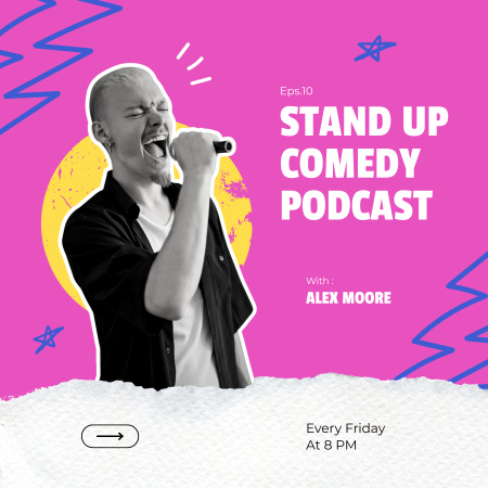 Plantilla de diseño de Anuncio de episodio de comedia en vivo con un hombre sosteniendo un micrófono Podcast Cover 