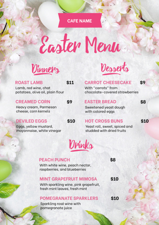 Designvorlage Easter Dishes Offer with Eggs in Flowers für Menu