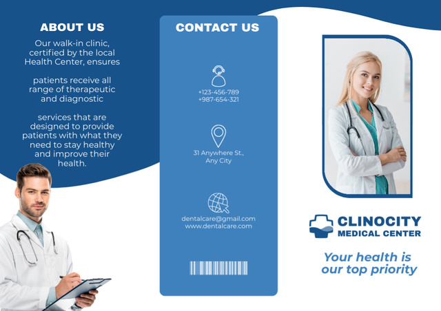 Offer of Medical Center Services on Blue Brochure Modelo de Design