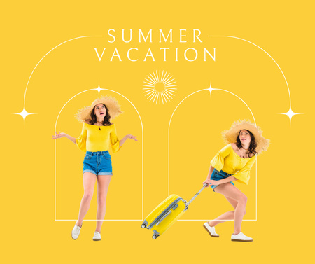 Travel Ad with Girl holding Yellow Suitcase Facebook Design Template