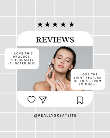 Revisão do cliente do produto de beleza com mulher jovem e bonita Instagram Post Vertical Modelo de Design