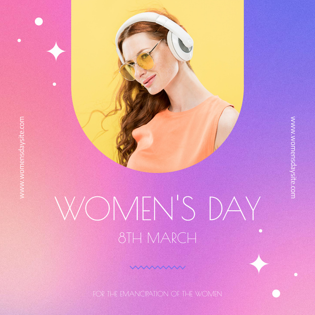 Women's Day Celebration with Young Woman in Headphones Instagram Πρότυπο σχεδίασης