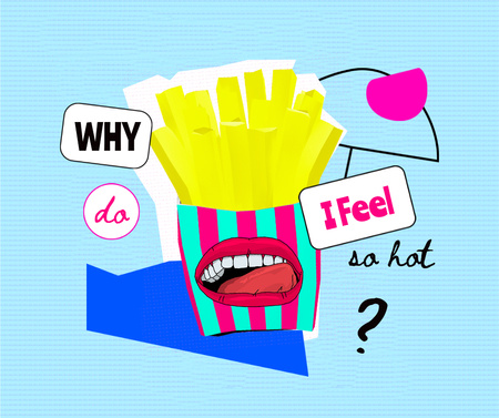 Illustration of French Fries with Funny Human Mouth Facebook Tasarım Şablonu