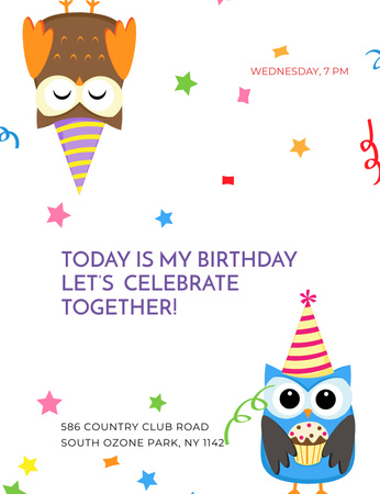 Birthday Party Announcement With Owls Invitation 13.9x10.7cm Design Template