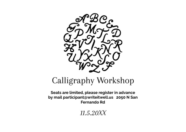 Plantilla de diseño de Calligraphy Workshop Ad with Letters on White Flyer A6 Horizontal 