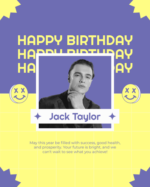 Simple Neutral Greeting on Birthday in Purple and Yellow Colors Instagram Post Vertical Modelo de Design