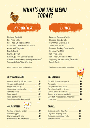 Delicious School Food With List Of Prices Menu Design Template