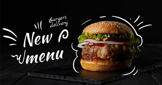 Tasty Burgers Delivery Promotion in Black Facebook AD – шаблон для дизайна