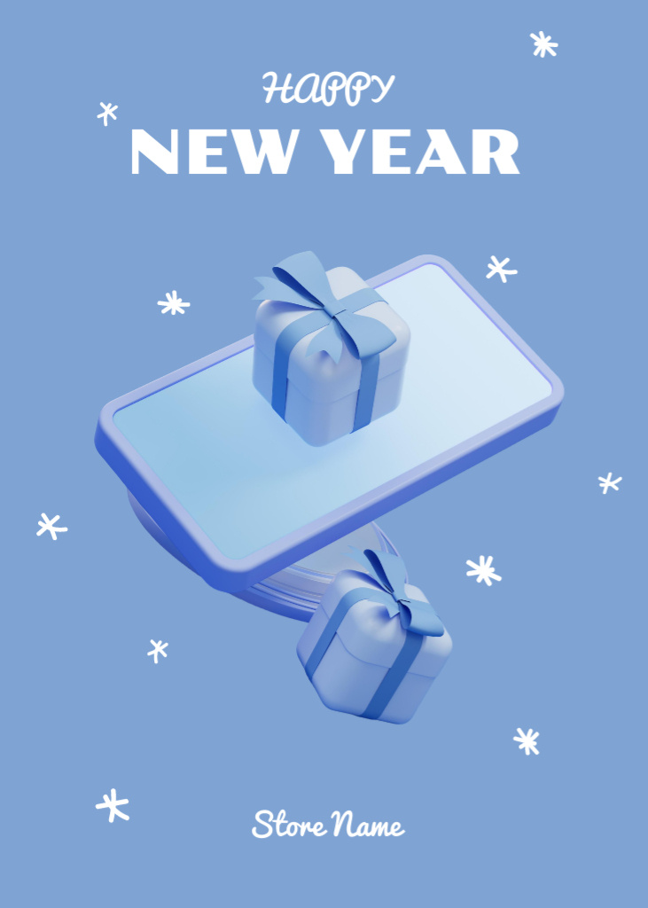 Ontwerpsjabloon van Postcard 5x7in Vertical van New Year Holiday Greeting With Presents in Blue