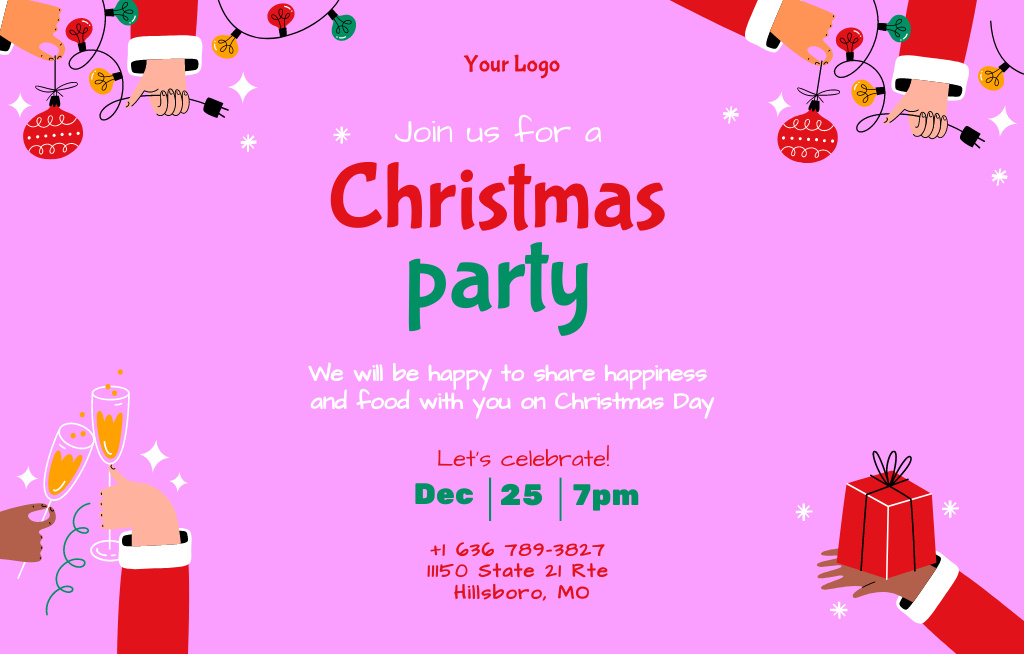 Christmas Holiday Party Announcement With Pink Illustration Invitation 4.6x7.2in Horizontal Modelo de Design