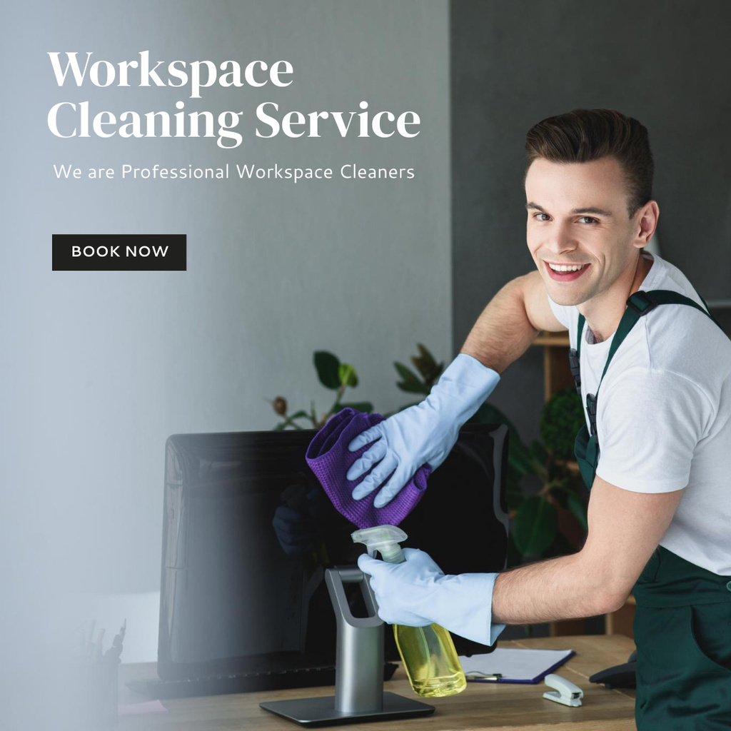 Workspace Cleaning Service Offer with Man in Uniform Instagram AD tervezősablon