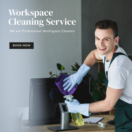 Designvorlage Workspace Clearing Service Offer with Man in Uniform für Instagram AD