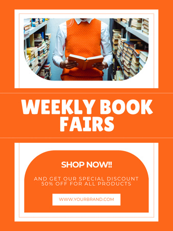 Plantilla de diseño de Anuncio semanal de la feria del libro en Vivid Orange Poster US 