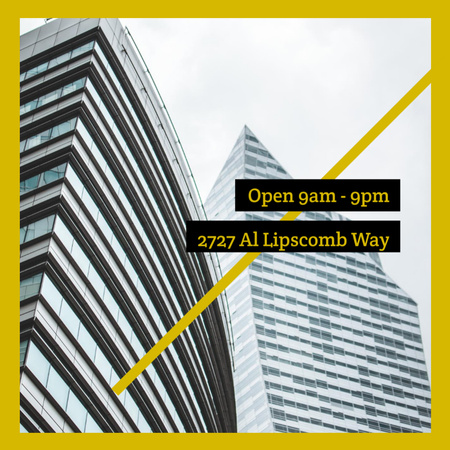 Building Company Ad with Glass Skyscraper in Yellow Frame Square 65x65mm Design Template