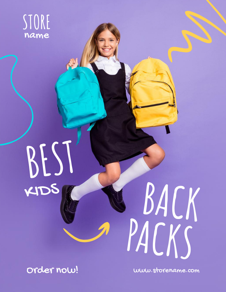 Designvorlage Girl holding Yellow and Blue Backpack für Poster 8.5x11in